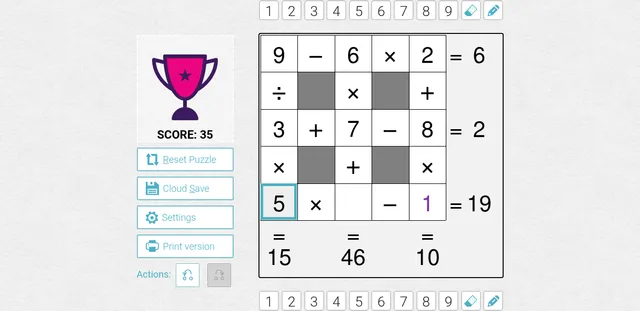 The medium SetSquare for 28 October 2026 on PuzzleMadness, seven of nine digits placed between operation signs, with row results 6, 2 and 19