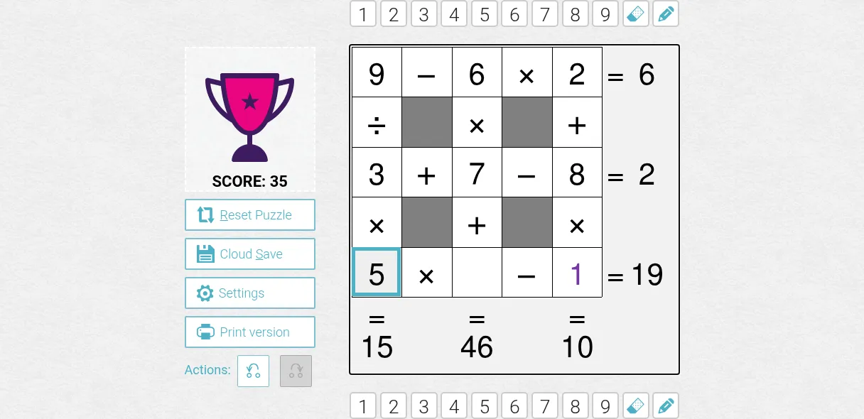 The medium SetSquare for 28 October 2026 on PuzzleMadness, seven of nine digits placed between operation signs, with row results 6, 2 and 19