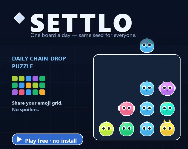 Animated Settlo preview: a blue creature drops into the board onto a column of matching pieces
