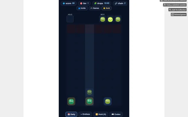 Settlo's daily board on itch.io after 10 of 40 drops: green creatures in six columns, score 66, chain 2, with the Hold slot and the next three creatures above