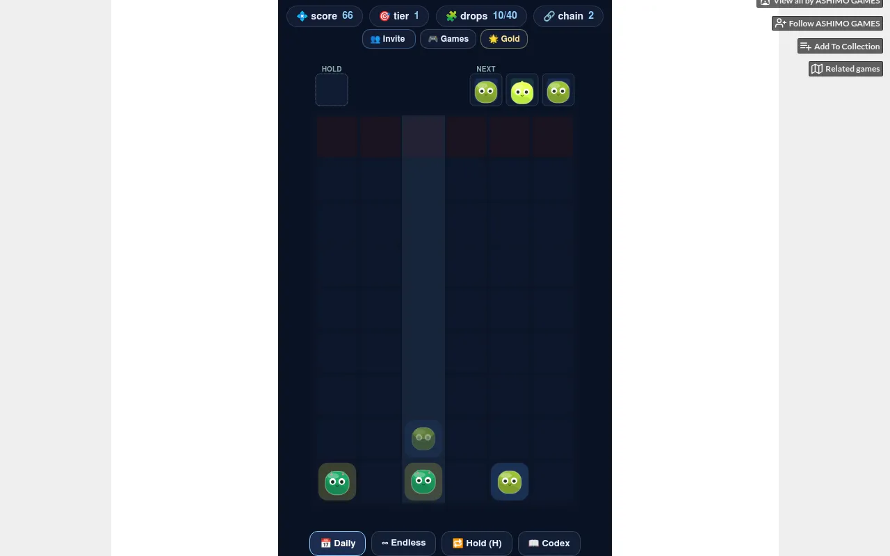 Settlo's daily board on itch.io after 10 of 40 drops: green creatures in six columns, score 66, chain 2, with the Hold slot and the next three creatures above