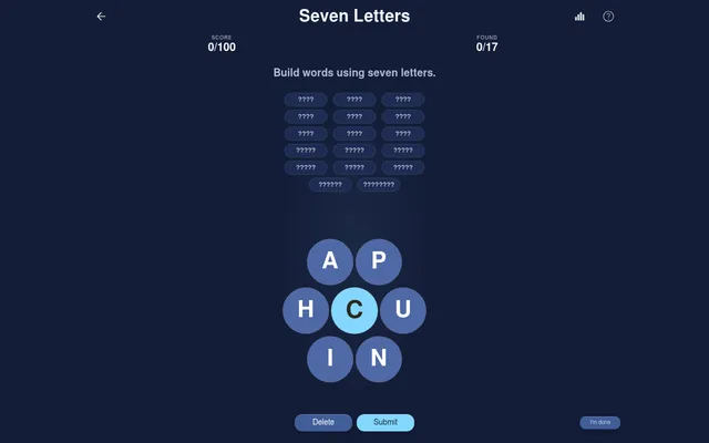 Seven Letters puzzle before the first word: seven letter circles A, P, H, U, I, N around a highlighted centre C, seventeen hidden words shown as question marks by length, score 0/100 and found 0/17