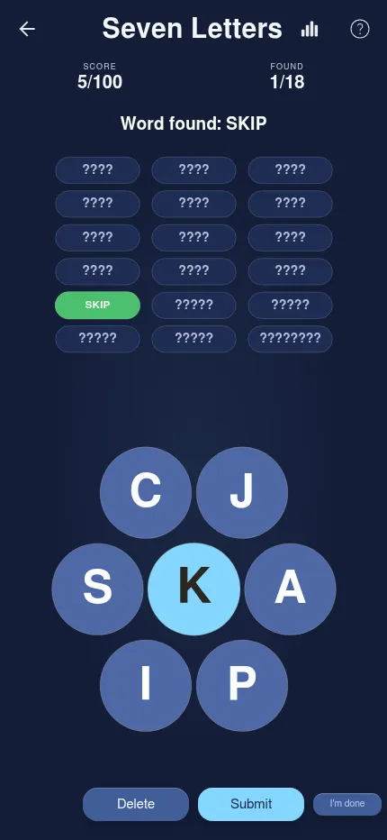Seven Letters on a phone after finding SKIP: the word shows in green among the hidden slots, score 5/100 and found 1/18
