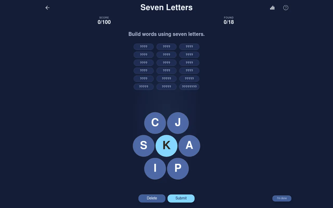 Seven Letters on a desktop: letter circles C, J, S, A, I, P around a highlighted centre K, eighteen hidden words shown as question marks by length, score 0/100