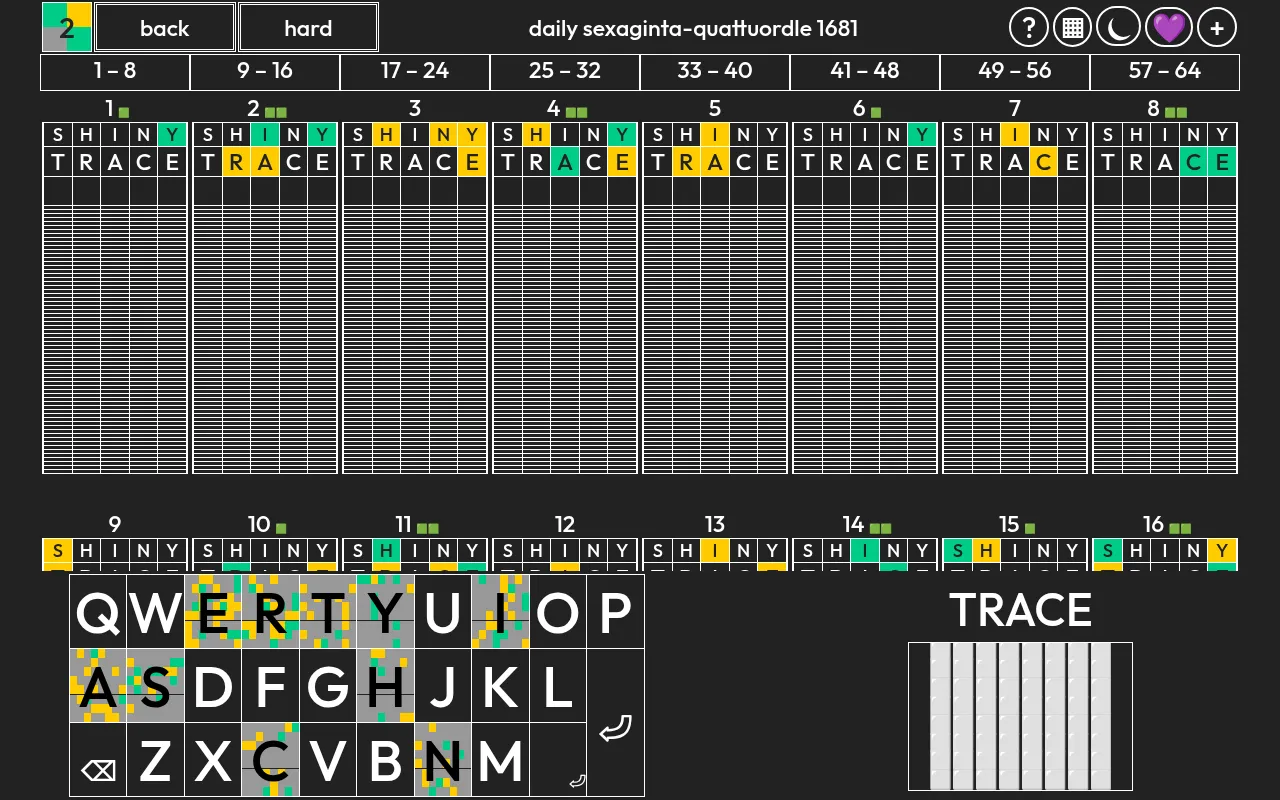 Daily Sexaginta-quattuordle 1681 on a desktop after the guesses SHINY and TRACE: boards 1 to 16 with green and yellow tiles, the on-screen keyboard and a minimap