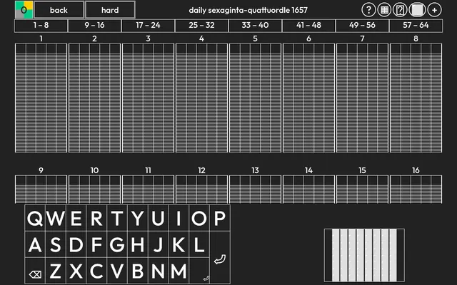 Daily Sexaginta-quattuordle 1657: sixteen empty Wordle boards in two rows under tabs for boards 1 to 64, with an on-screen keyboard and a minimap of all the boards