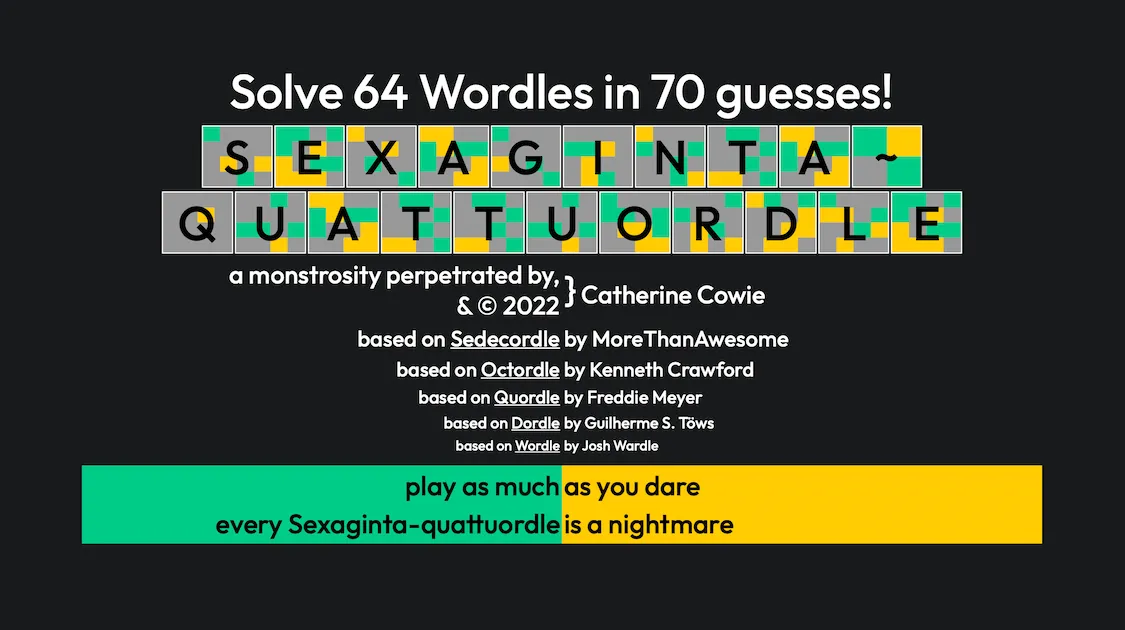 Sexaginta-quattuordle title card with coloured Wordle tiles