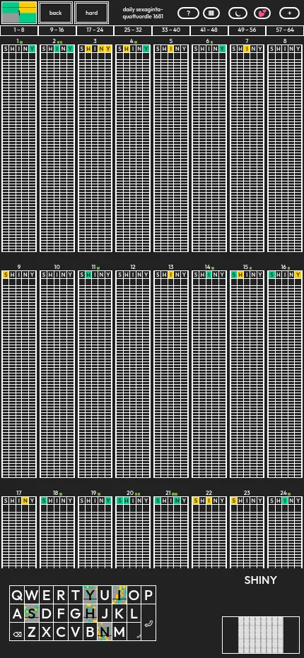 Daily Sexaginta-quattuordle 1681 at phone size after one guess, SHINY: 24 narrow boards in three rows above a small keyboard