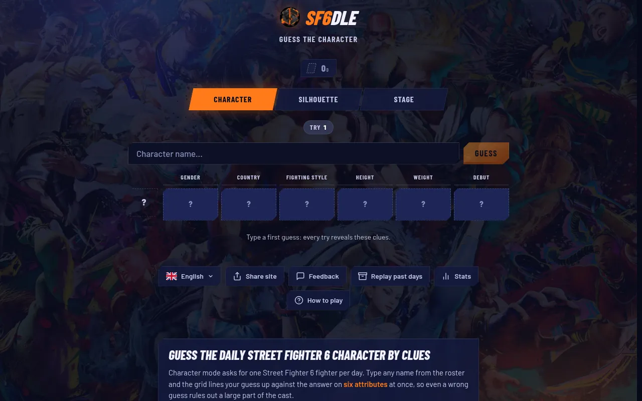 SF6DLE's Character mode before the first guess: a name box and empty clue cells for gender, country, fighting style, height, weight and debut