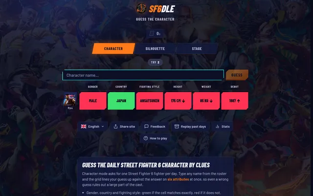 SF6DLE's Character mode on 26 October 2026 after one guess, Ryu: Japan in green, gender, style, height, weight and debut in red with arrows toward the answer