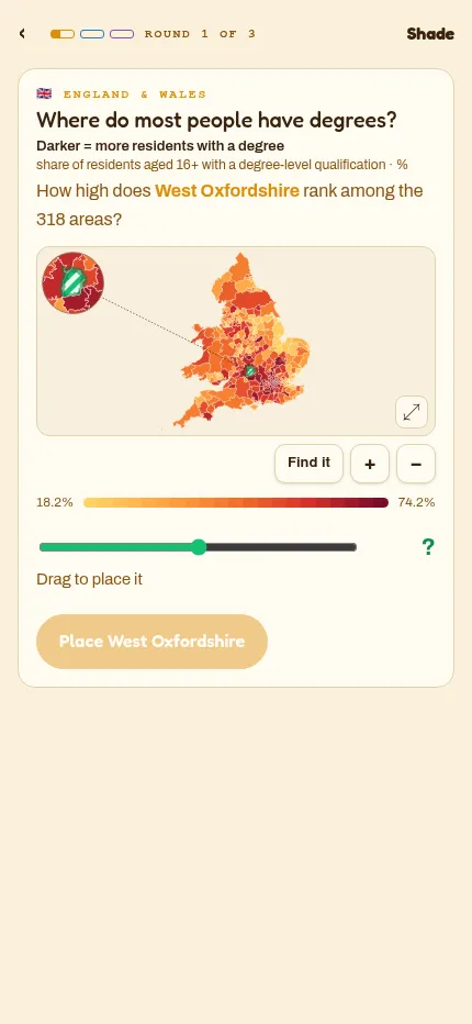 Shade at phone size on 30 October 2026: the England and Wales degree map in one column, a zoom circle on West Oxfordshire above the slider and Place button