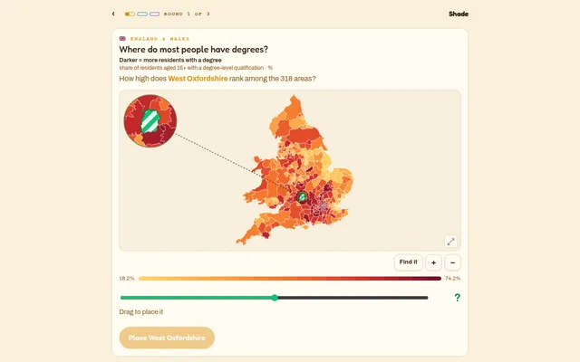 Shade on 30 October 2026, round 1: a map of England and Wales shaded by share of adults with a degree, West Oxfordshire blank, with the colour scale and slider below