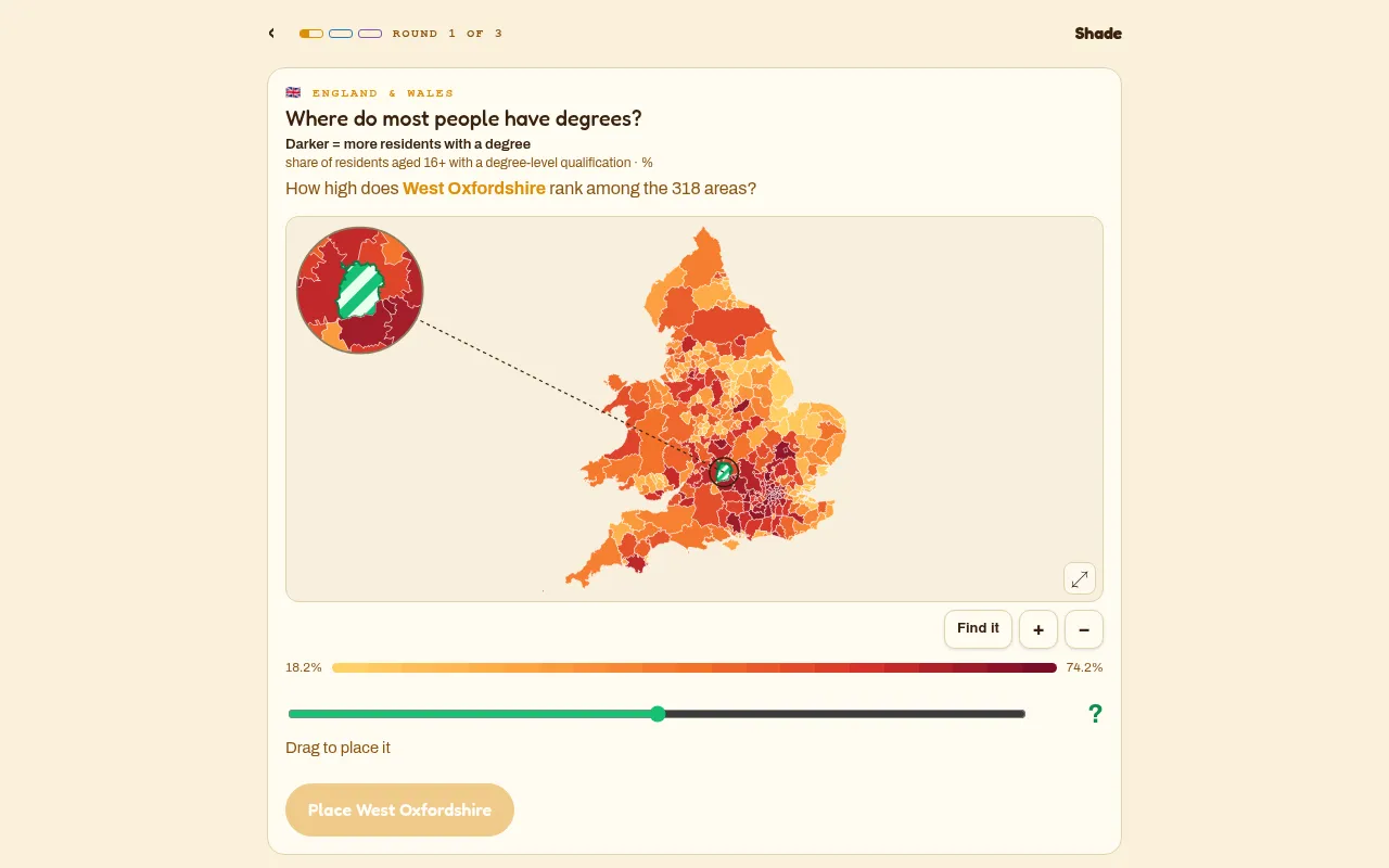 Shade on 30 October 2026, round 1: a map of England and Wales shaded by share of adults with a degree, West Oxfordshire blank, with the colour scale and slider below