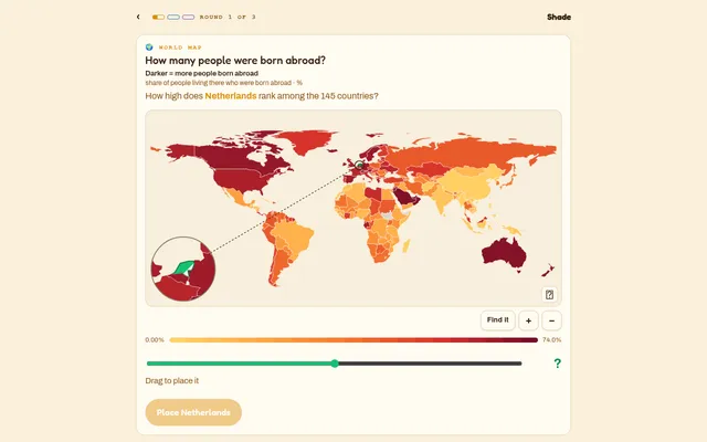 Shade on 22 October 2026: a world map shaded by share of people born abroad, with the Netherlands blank and a slider to set its value