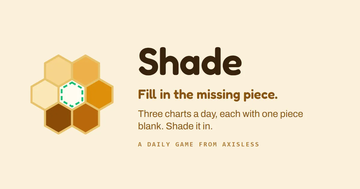 Shade's share card: a honeycomb of shaded hexagons with the centre one blank, and the words Fill in the missing piece