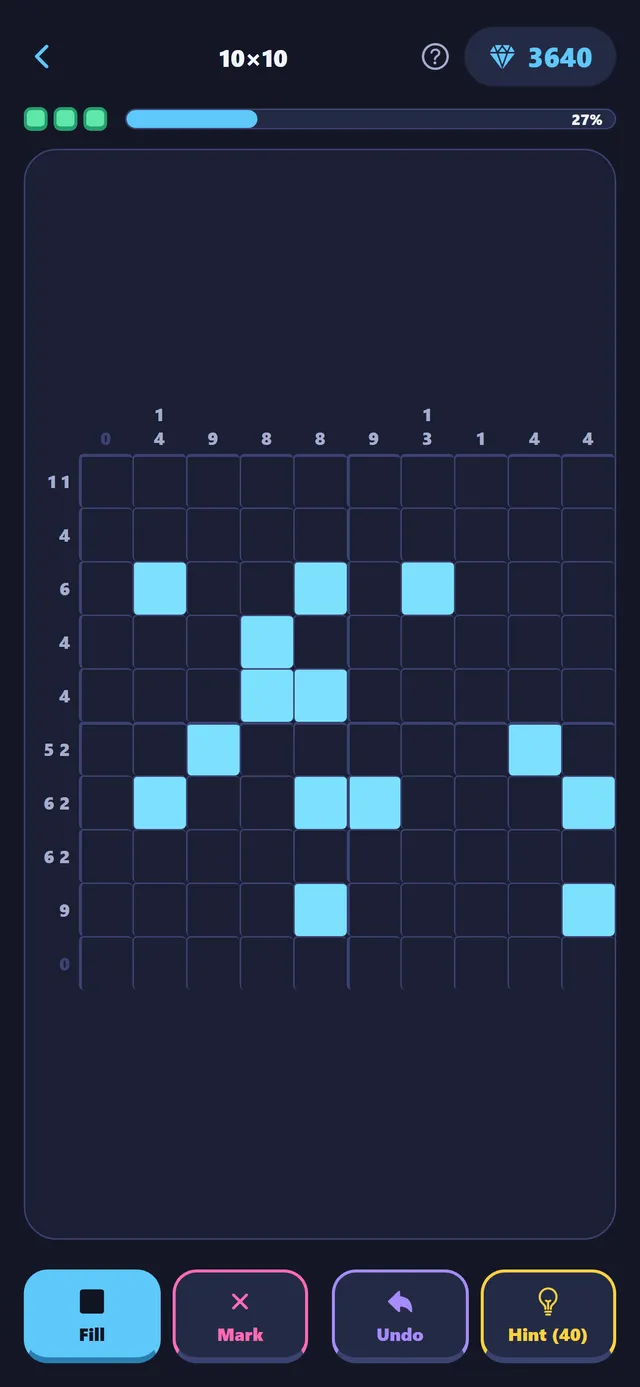 A Shadepix 10x10 nonogram in progress, with row and column clues and Fill, Mark, Undo and Hint buttons