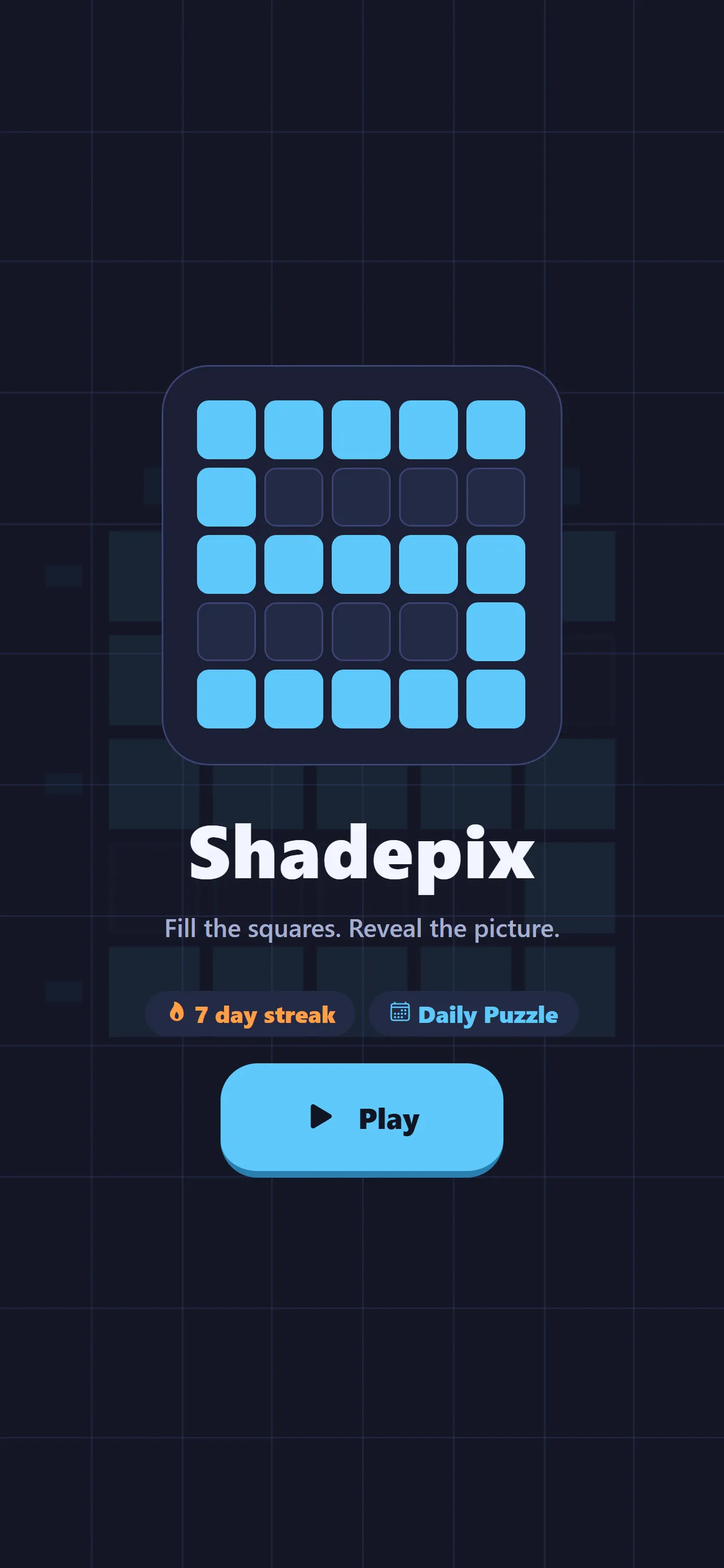 Shadepix's title screen with a small solved picture, a 7 day streak badge and a Daily Puzzle badge