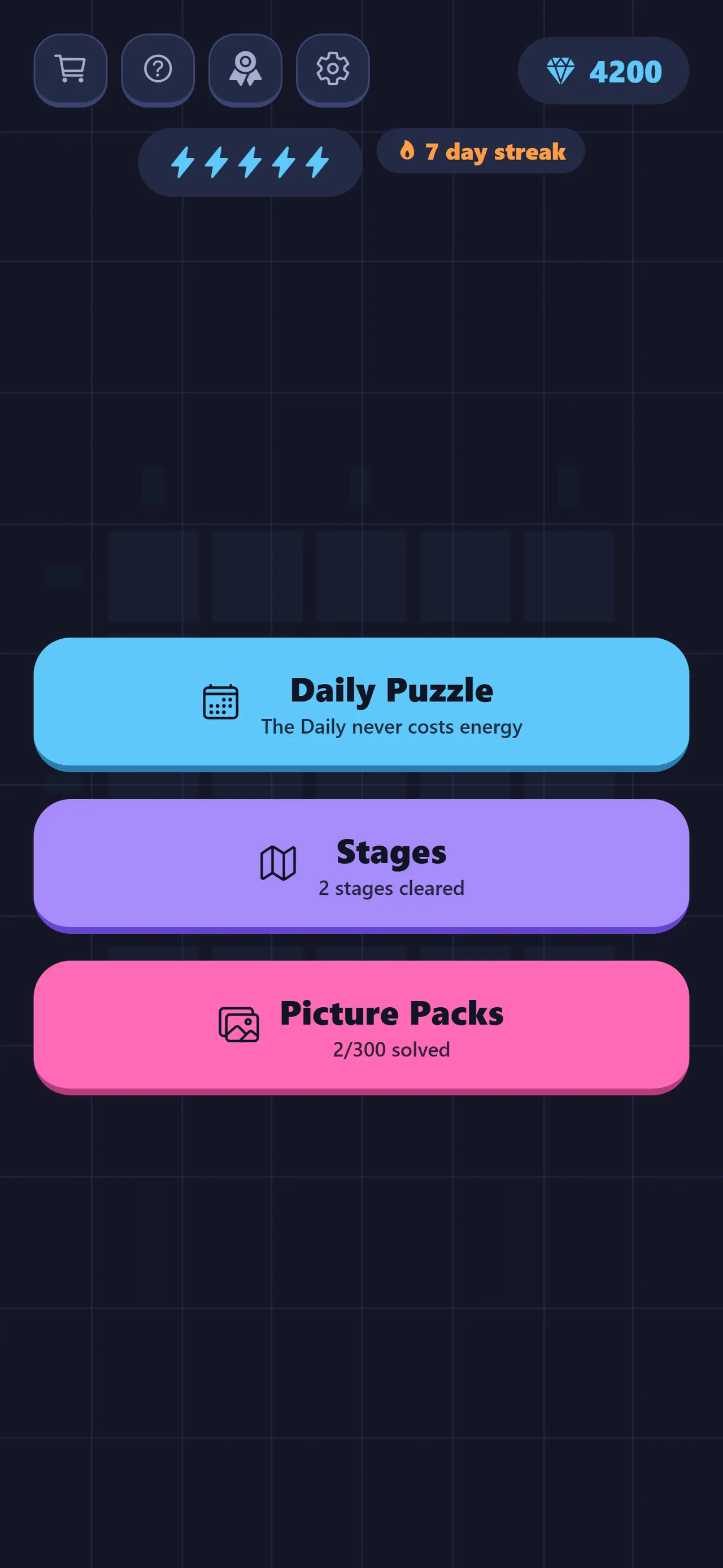 Shadepix's menu with Daily Puzzle, Stages and Picture Packs, a 7-day streak and a diamond count