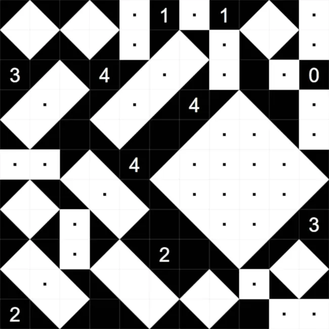 A completed Shakashaka from PuzzleMadness's rules, black triangles cutting the white space into upright and diagonal rectangles