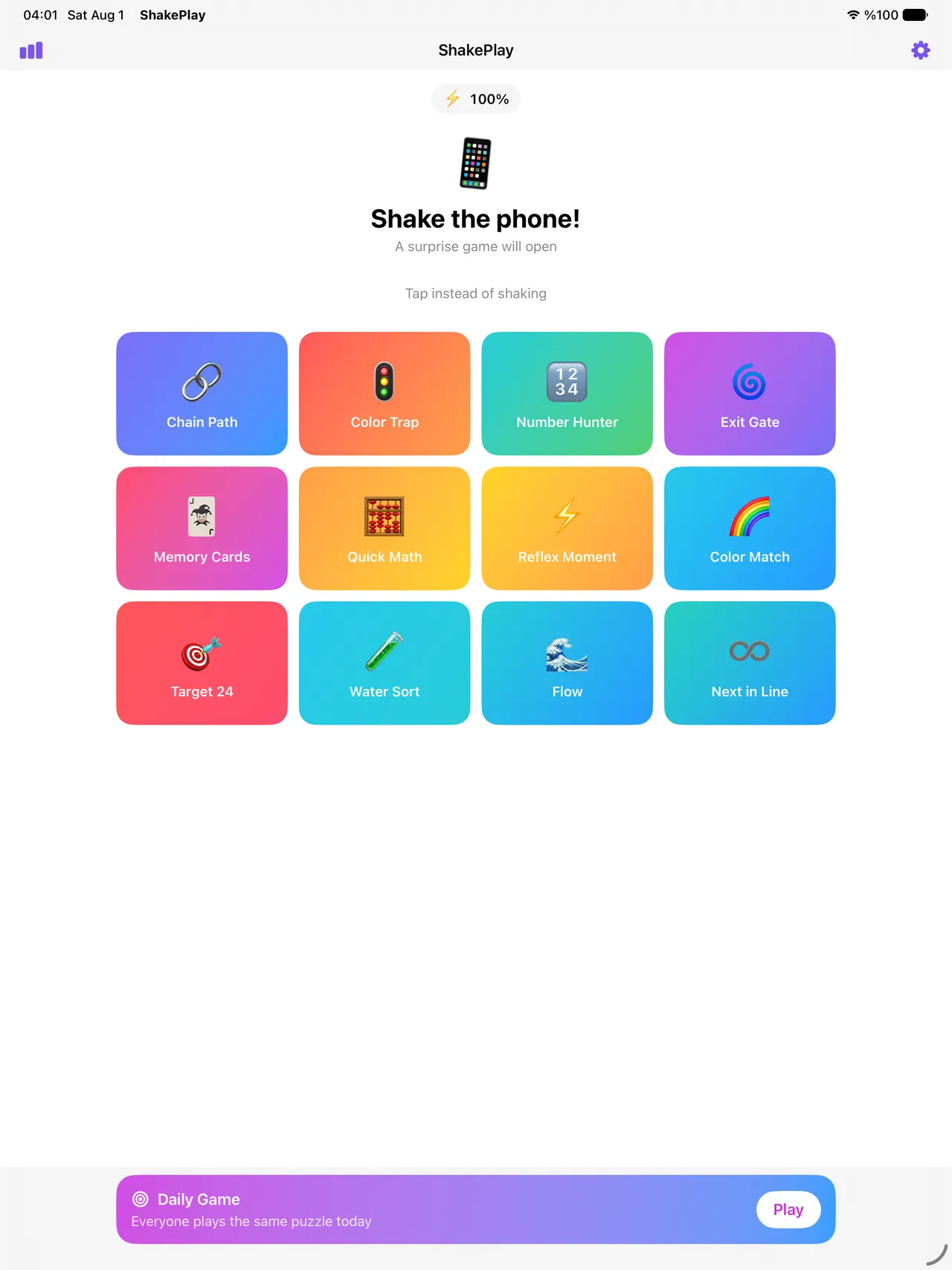 ShakePlay home screen with mini game tiles and the Daily Game bar reading Everyone plays the same puzzle today
