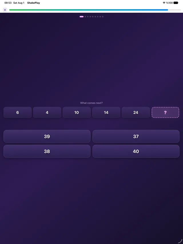 A ShakePlay number sequence puzzle asking what comes next after 6, 4, 10, 14, 24