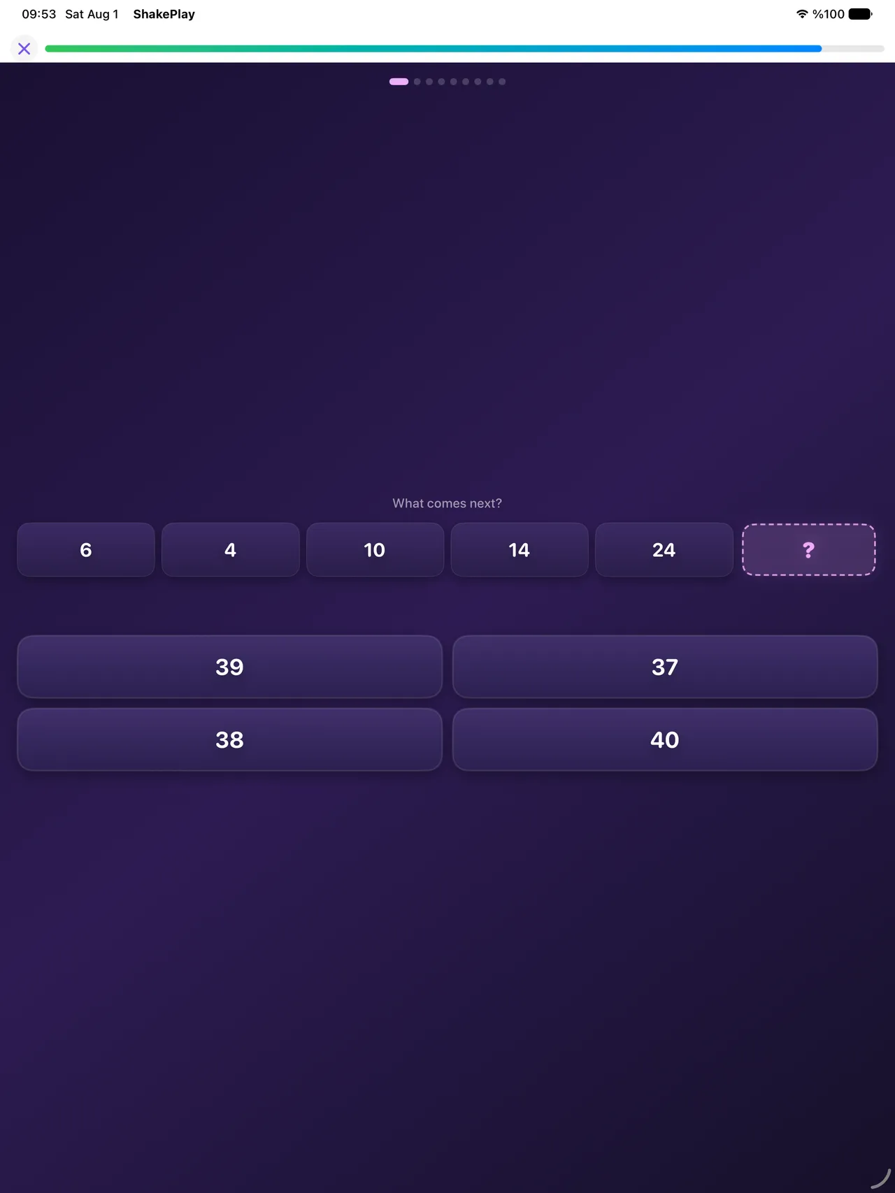 A ShakePlay number sequence puzzle asking what comes next after 6, 4, 10, 14, 24
