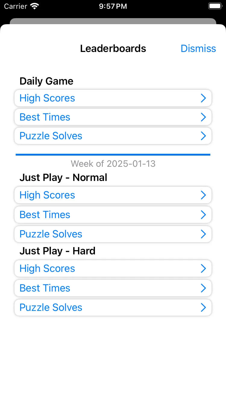 The Shap10r leaderboards screen, with high scores, best times and puzzle solves for the Daily Game and for Just Play