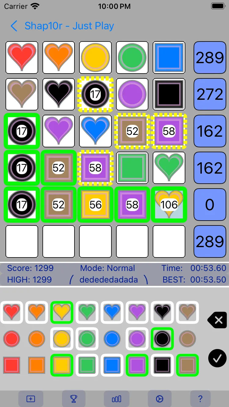 A Shap10r game in progress: guesses of coloured shapes marked with green and yellow outlines, row totals on the right and the piece picker below