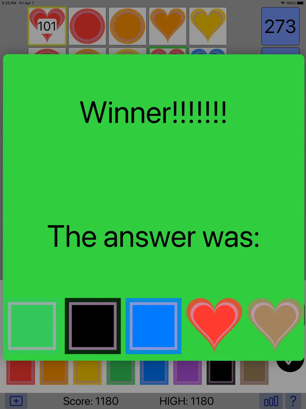 A Shap10r board on iPad: rows of coloured hearts, circles and squares with green outlines and a number total beside each row