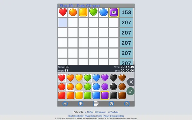 Today's Shap10r Daily Glimpse in the browser after one guess: six pieces with a yellow-outlined purple square worth 54, a row total of 153 against the target 207, and the piece picker below
