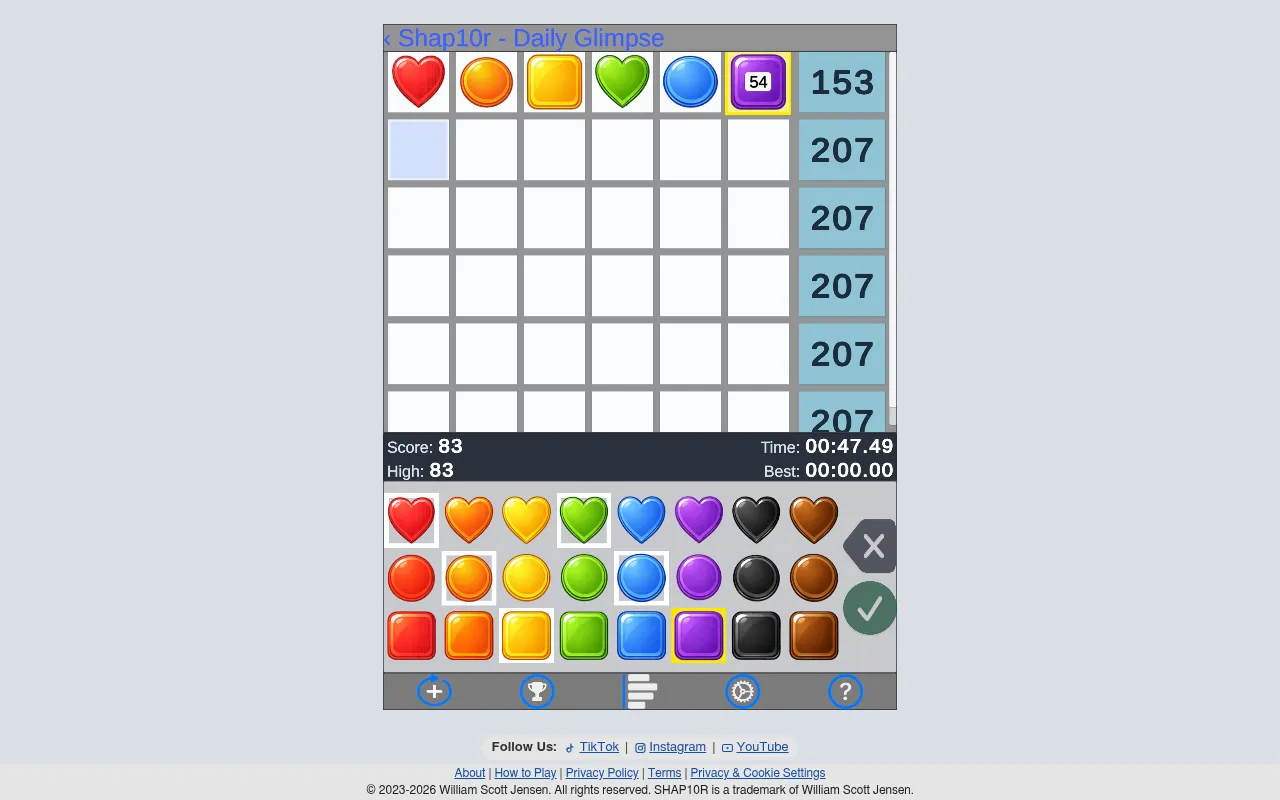 Today's Shap10r Daily Glimpse in the browser after one guess: six pieces with a yellow-outlined purple square worth 54, a row total of 153 against the target 207, and the piece picker below