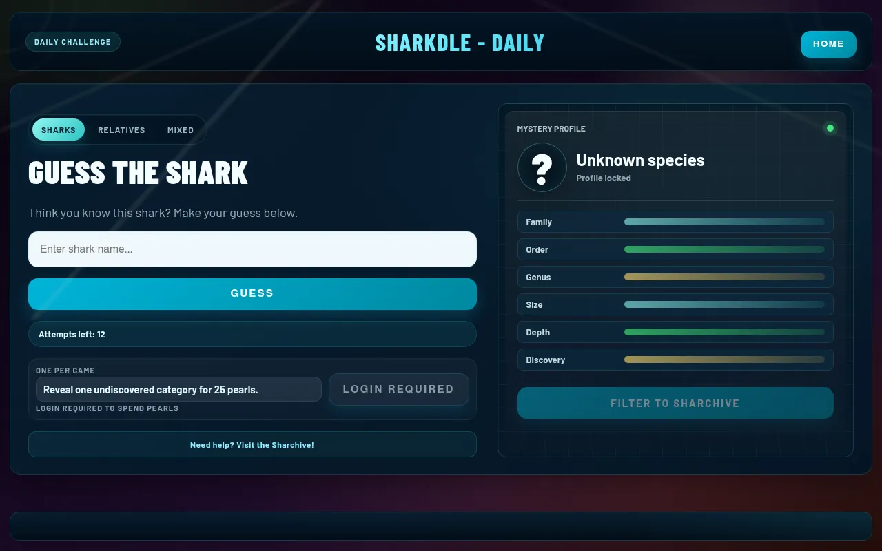 Sharkdle daily board: a Guess the Shark box with 12 attempts left beside a locked mystery profile of family, order, genus, size, depth and discovery