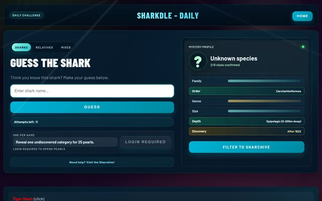 Sharkdle daily board after one guess: Tiger Shark entered, 11 attempts left, the mystery profile showing order Carcharhiniformes, epipelagic depth and discovery after 1822