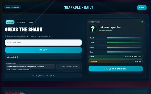 Sharkdle daily Sharks board on 25 October 2026 after one guess, Sand Tiger Shark: 11 attempts left, the mystery profile showing epipelagic depth and discovery after 1810