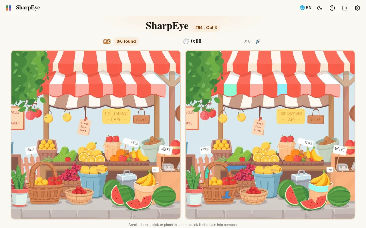 SharpEye #94 on Zalize for October 3: two copies of an illustrated fruit market stall with a striped awning side by side, 0 of 6 differences found and the timer at 0:00