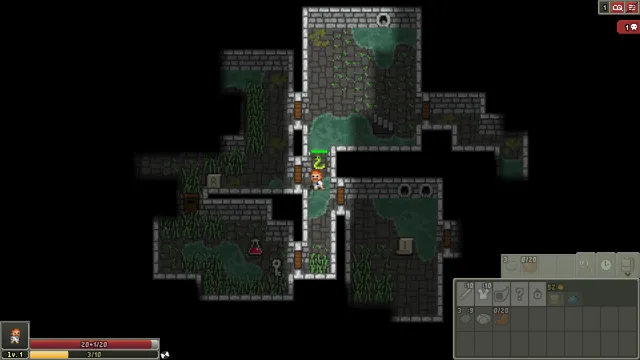 Shattered Pixel Dungeon: the Warrior facing a snake in a mossy sewer level, with health bar and inventory