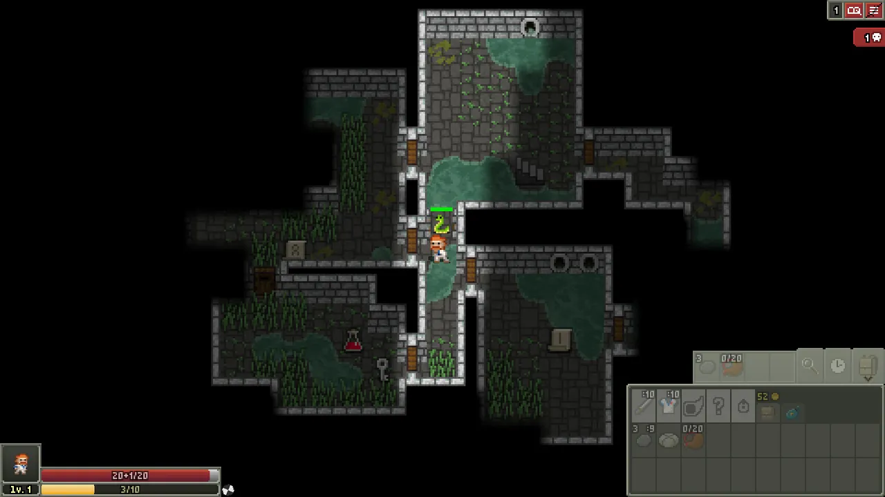 Shattered Pixel Dungeon: the Warrior facing a snake in a mossy sewer level, with health bar and inventory