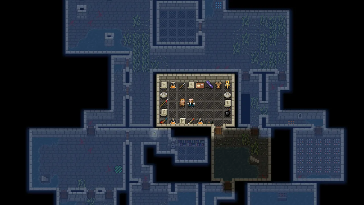 Shattered Pixel Dungeon: two heroes in a vault of potions, scrolls and weapons on a blue stone prison floor