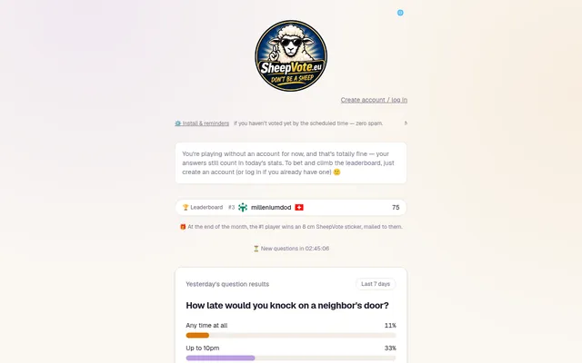 SheepVote's page: the Don't be a sheep logo, the leaderboard, a countdown to new questions and yesterday's result bars for How late would you knock on a neighbor's door?