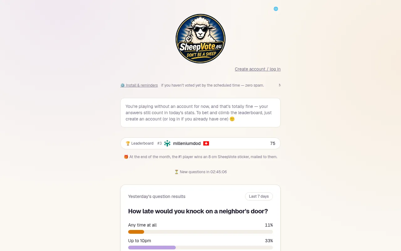 SheepVote's page: the Don't be a sheep logo, the leaderboard, a countdown to new questions and yesterday's result bars for How late would you knock on a neighbor's door?