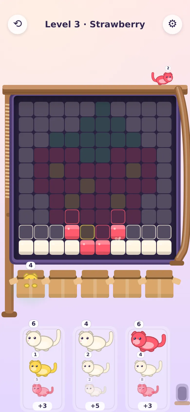 Shelf Control level Strawberry: cats dropping red and cream blocks into a pixel picture on the shelf