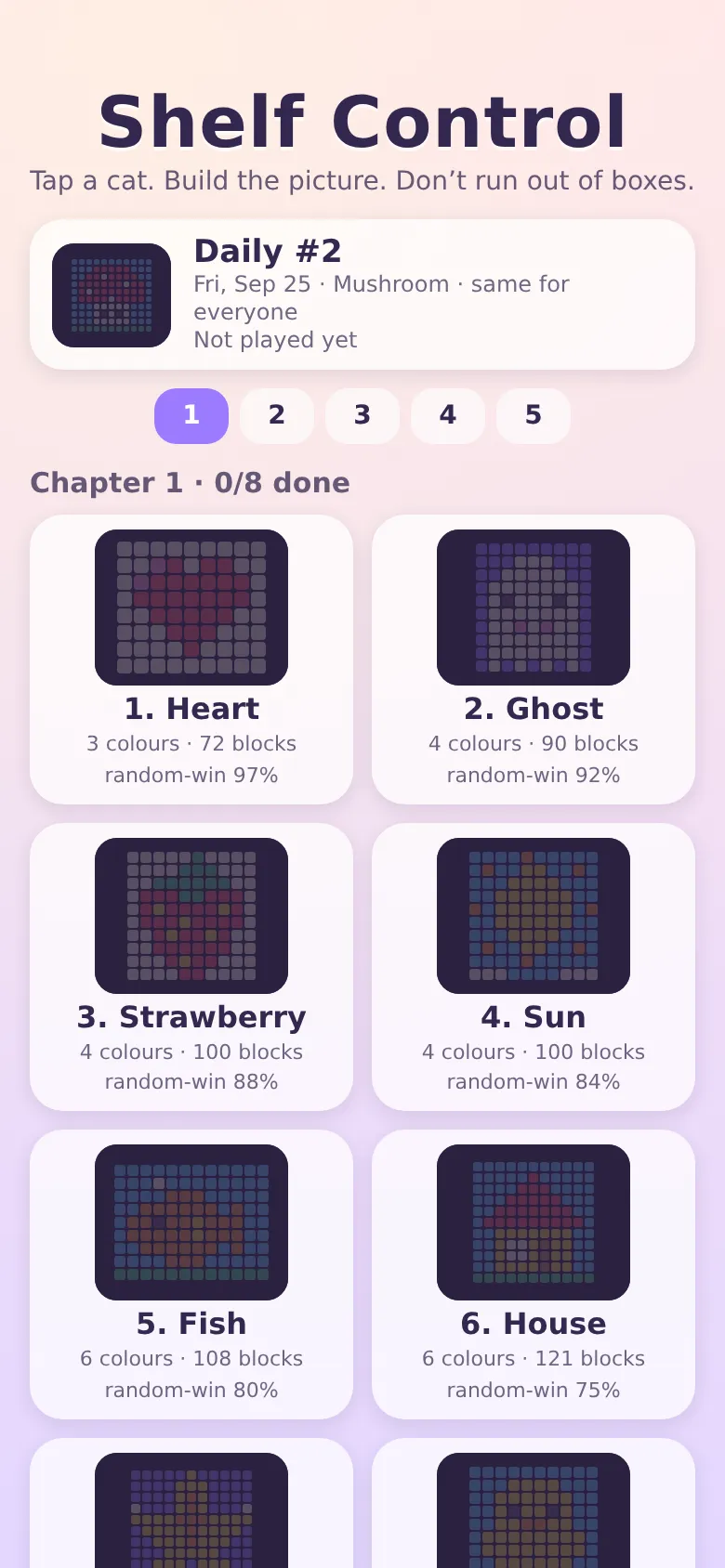 The Shelf Control menu with Daily #2, Mushroom, the same for everyone, above the chapter one levels