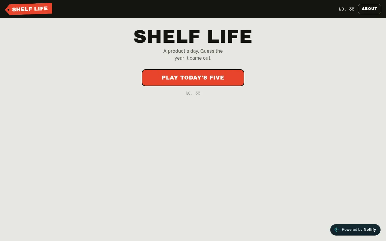 Shelf Life No. 35 start screen: the Shelf Life title, the line A product a day, guess the year it came out, and a Play Today's Five button