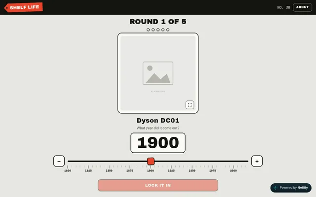 Shelf Life No. 36, round 1 of 5: What year did the Dyson DC01 come out?, a year slider from 1800 to 2000 set at 1900 and Lock it in; the product photo shows the site's placeholder