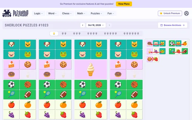 Sherlock Puzzles #1023 of 19 Oct 2026 on Puzzleship: four columns of emoji candidate tiles (animals, sweets, balls, fruit) with one ice cream settled, and the emoji clues on the right