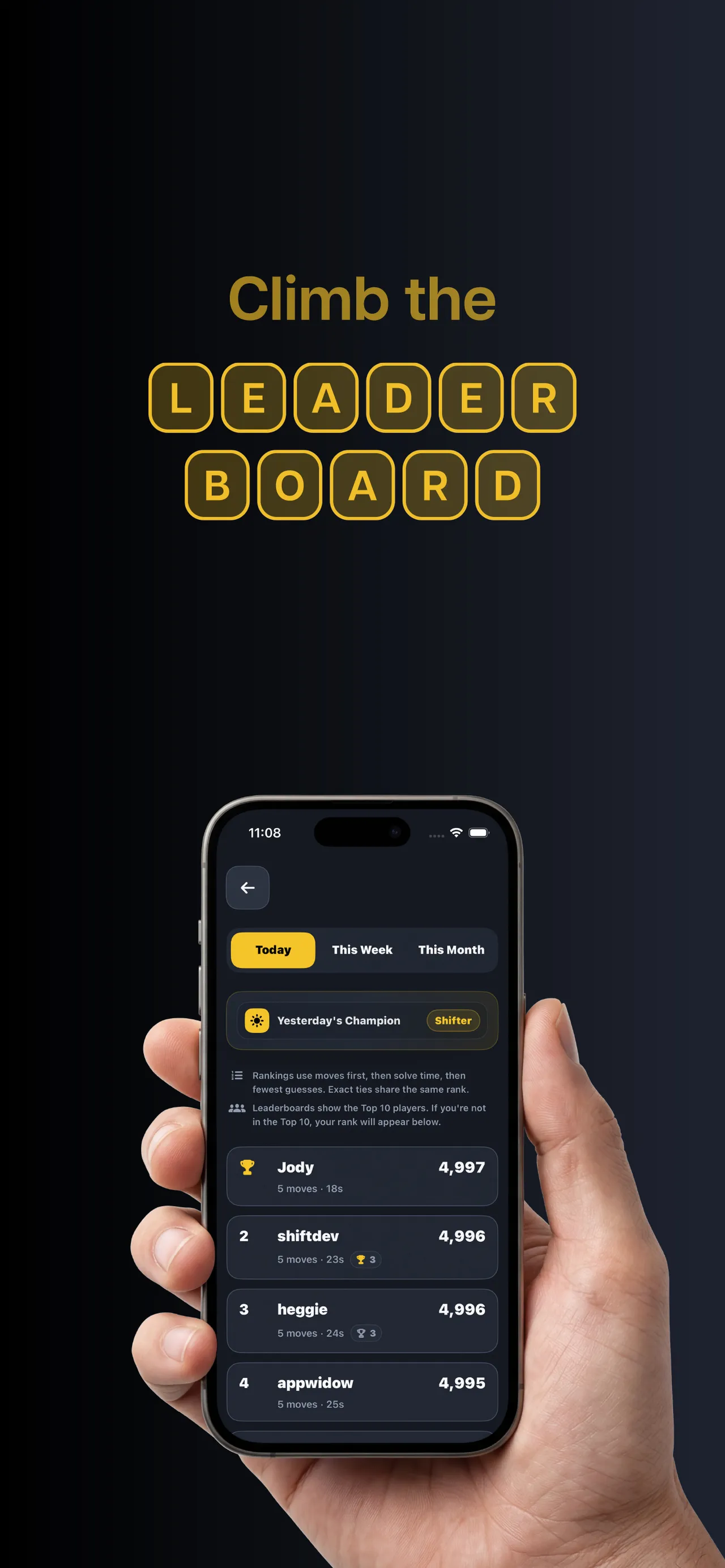 SHIFT's leaderboard on a phone held in a hand: Today, This Week and This Month tabs with players ranked by moves and time
