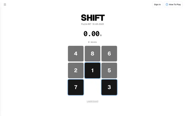 Shift Puzzle #67 for 10-06-2026: a scrambled 3x3 board of tiles 4 8 6, 2 1 5, 7 and 3 with the gap at the bottom, under a 0.00 s timer