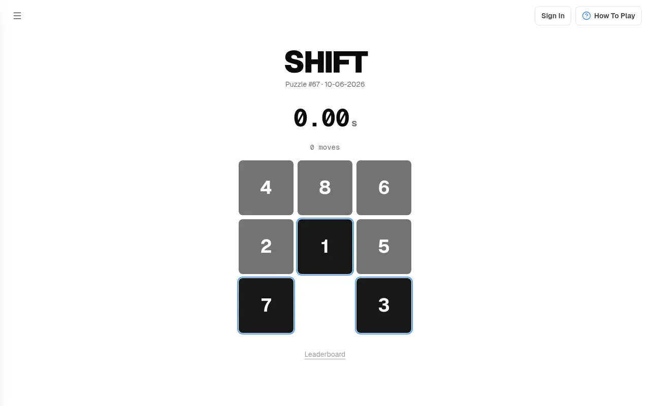 Shift Puzzle #67 for 10-06-2026: a scrambled 3x3 board of tiles 4 8 6, 2 1 5, 7 and 3 with the gap at the bottom, under a 0.00 s timer