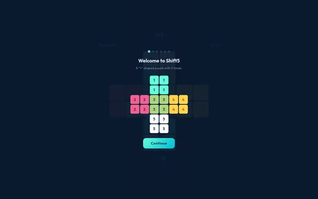 Shift5 tutorial screen showing the solved plus-shaped board: five faces of 1s, 2s, 3s, 4s and 5s in their own colours