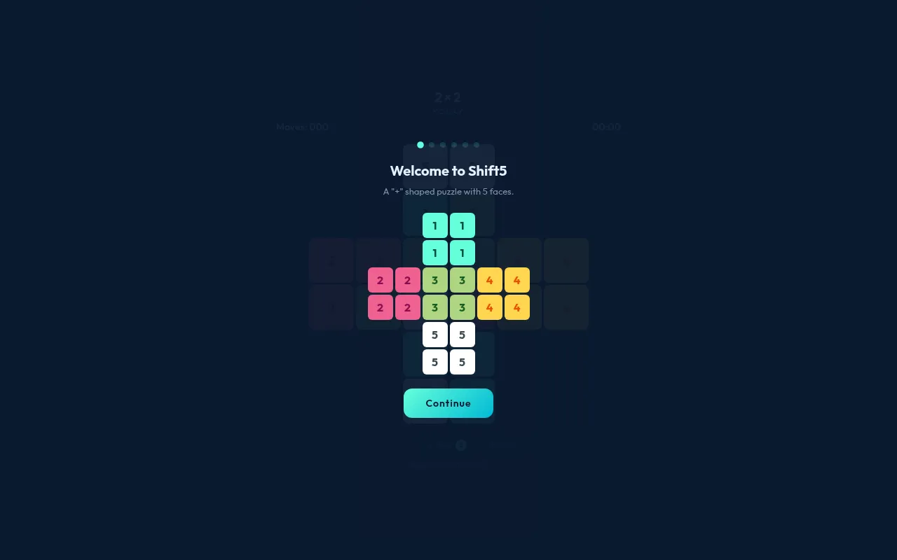 Shift5 tutorial screen showing the solved plus-shaped board: five faces of 1s, 2s, 3s, 4s and 5s in their own colours